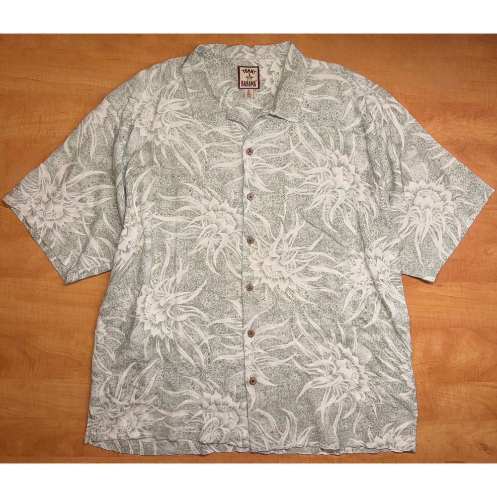 Tommy Bahama Mens XL Silk Short Sleeve Tropical Floral Camp Shirt Sage Green
